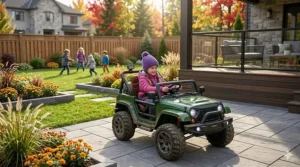 Child secured with a safety harness in a 24V off-road electric ride-on.