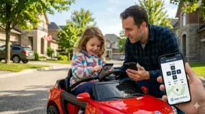 Toddler playing with a ride on car with app control