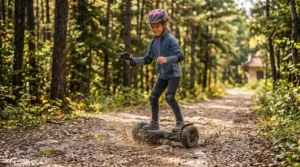 Off-road hoverboard for kids showing water-resistant design for puddle riding.
