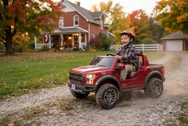 A red 12v power wheels truck parked on a Canadian driveway during autumn, featuring bright LED headlights and a parent remote control. / Un camion 12v power wheels rouge garé sur une allée canadienne en automne.