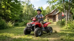Close-up of traction wheels on a 12v ride on quad designed for diverse Canadian outdoor terrains, from gravel paths to grass. / Gros plan sur les roues d'un quad 12v tout-terrain conçu pour divers paysages extérieurs canadiens.