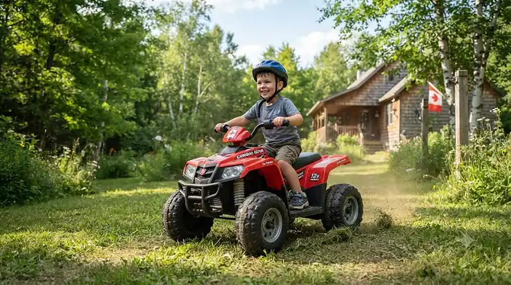 A child safely riding a rugged 12v ride on quad across a Canadian backyard lawn, highlighting all-terrain performance and outdoor summer fun. / Enfant pilotant en toute sécurité un quad électrique 12v sur une pelouse au Canada, illustrant les performances tout-terrain.