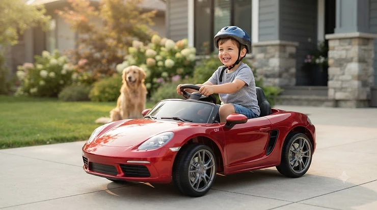 Red 12v ride on sports car gift-wrapped with a large red bow on a driveway.