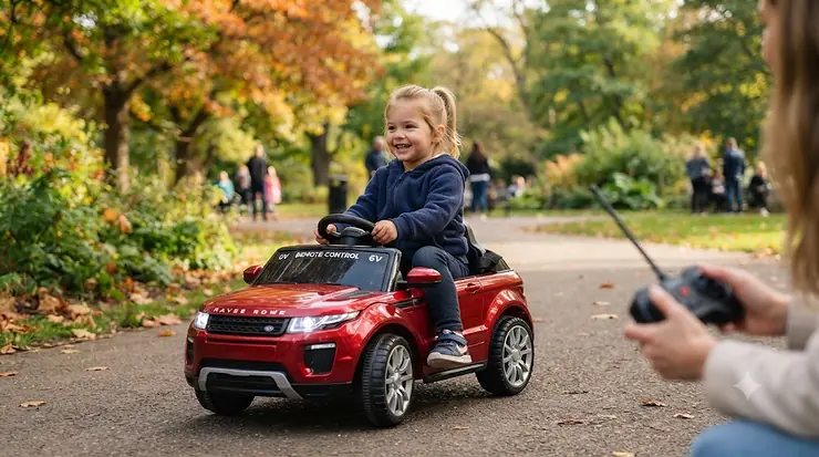 Child driving a 6V ride on car with remote control in a Canadian park.