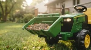 Sturdy working dump bucket attached to the front of the 6v tractor.