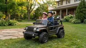 Close-up of a 12V rechargeable battery port on a blue kids electric jeep with remote control.