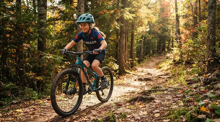 A happy child riding a durable mountain bike for kids 8-12 on a scenic trail in a Canadian public park.