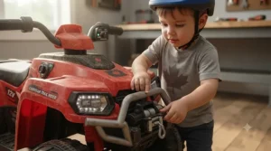A 12v ride on quad box displaying English and French safety compliance labels required for the Canadian market. / Boîte d'un quad 12v affichant des étiquettes de conformité bilingues requises pour le marché canadien.