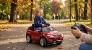 Detailed view of bright LED headlights on a 6V ride on car for kids.