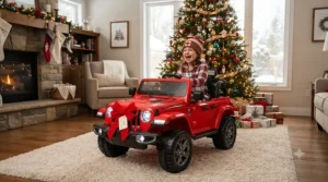 Excited child opening a giant ride on jeep gift for christmas morning in a cozy living room in Canada.