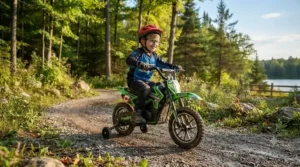 Kids electric dirt bike 12v with training wheels parked on a Canadian driveway.