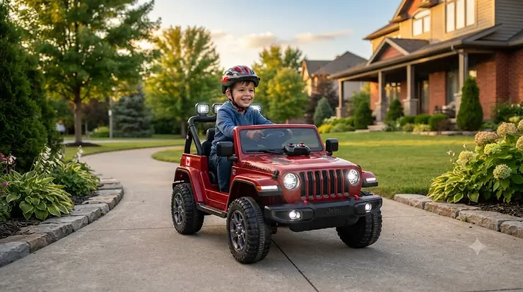 Red kids electric jeep with remote control driving on a suburban Canadian driveway, featuring LED lights and parental safety controls.