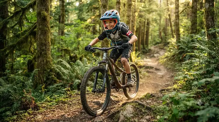 Child riding a mountain bike on a forest trail in Canada.