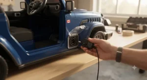 A white kids electric jeep with remote control showcasing bright working LED headlights at dusk.