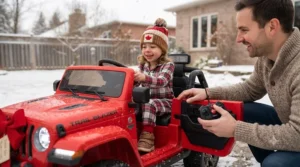 Parent using a safety remote control for a children's ride on jeep gift for christmas during outdoor play.