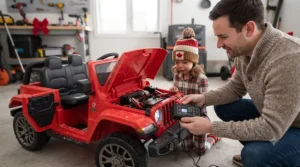 12V battery charger plugged into a motorized ride on jeep gift for christmas ready for holiday adventures.