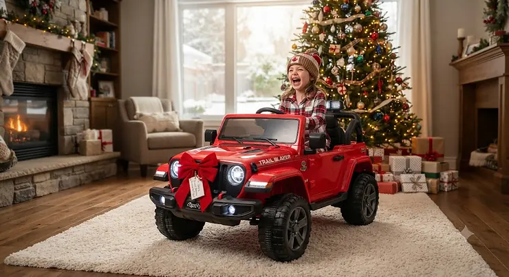 Red ride on jeep gift for christmas parked under a snowy Canadian holiday tree, featuring working LED lights and parental remote control.