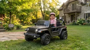 Family assembling a new kids electric jeep with remote control outside a Canadian home.