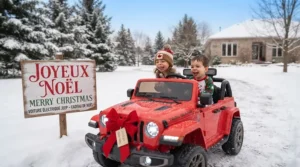 Kids playing with a red ride on jeep gift for christmas (voiture électrique Jeep cadeau de Noël) in Canada.