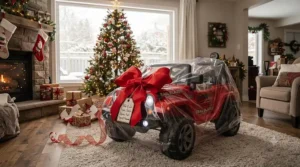Large ride on jeep gift for christmas decorated with a festive holiday ribbon and gift tag.