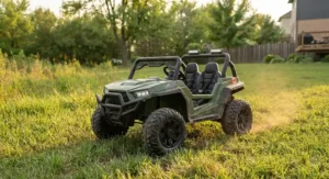 Green all terrain 2 seater electric ride on kids buggy designed with rugged wheels for outdoor adventures