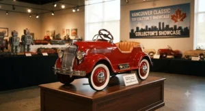 A beautifully restored antique pedal car displayed at a classic toy collector showcase in Vancouver, BC.