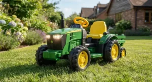 Green battery-powered farm tractor for kids featuring working headlights and rugged plastic wheels.