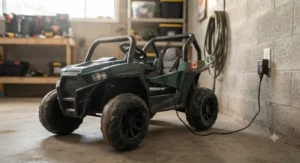 Battery-powered kids electric off-road vehicle plugged into a charger in a garage