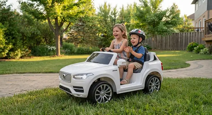 Two smiling children playing together in a large 2 seater electric ride on kids car outdoors