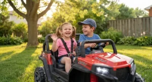 Two children smiling while riding a spacious two-seater 24v kids UTV in a backyard.