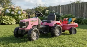 Smiling child driving a yellow kids electric farm tractor on a sunny afternoon in a Canadian park.