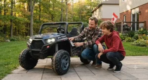 A parent helping an older child inspect a premium 24v ride-on vehicle, highlighting quality for Canadian families.