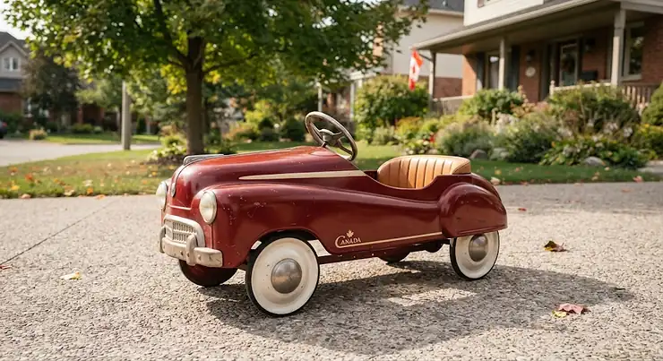 A vintage metal pedal car parked on a suburban driveway in Ontario, featured in our classic pedal car review Canada.