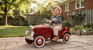 Toddler enjoying a classic pedal car toy on the patio of a Canadian home