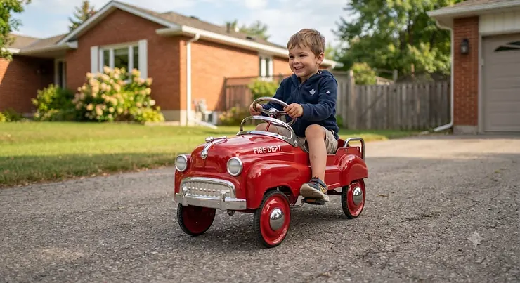 A classic red pedal car for kids, priced under $150 CAD, perfect for outdoor play in the driveway. pedal cars for kids under $150 CAD