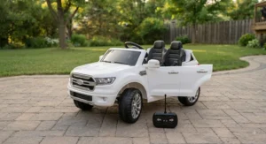 White dual motor 2 seater electric ride on kids SUV featuring realistic doors and a parent remote control