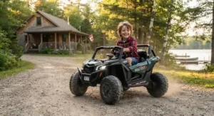A durable, high-performance electric ride-on toy being enjoyed in a Canadian cottage country setting.