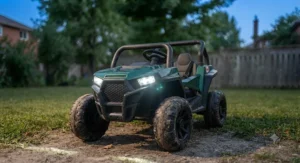 Durable kids electric off-road vehicle showcasing bright LED headlights and roll cage