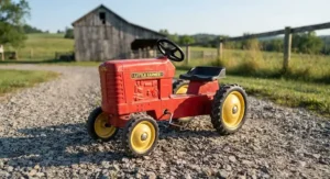 A sturdy farm pedal tractor for kids parked on a gravel driveway ready for outdoor farm play.