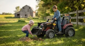 Parent using a parental remote control alongside a blue electric farm tractor toy designed for toddlers.