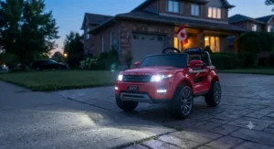 Bright working LED headlights illuminated on the fastest 24v kids electric car during dusk.