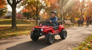 A parent holding the emergency brake parental remote control next to the fastest 24v kids electric car outdoors.