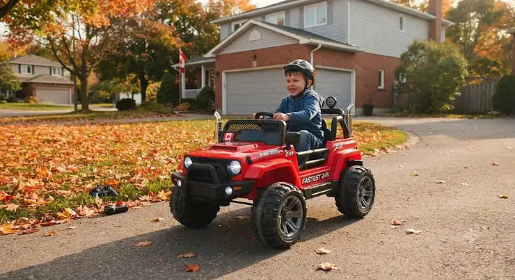 A smiling child driving a bright red fastest 24v kids electric car on a suburban Canadian driveway.