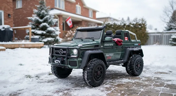 A rugged, fast electric ride-on toy SUV parked in a Canadian backyard, perfect for outdoor play.