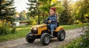 Two children playing together near a heavy-duty kids electric farm tractor parked on grass.