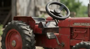 Close-up of the rugged steering wheel and rubber tires of a heavy-duty farm pedal tractor for kids.