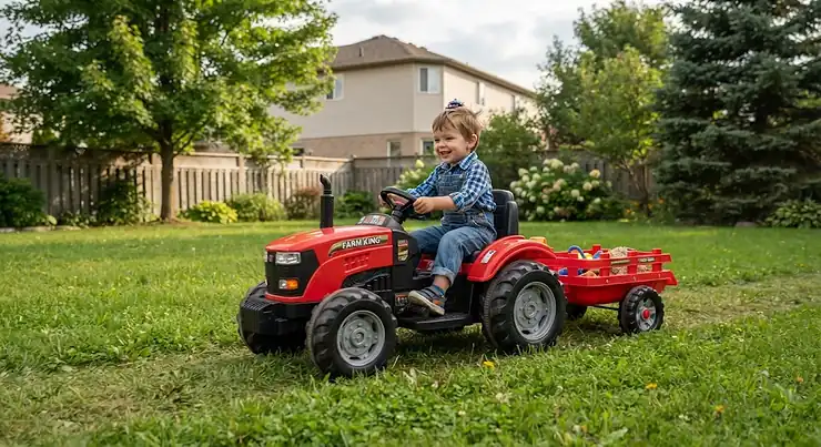 A toddler driving a red kids electric farm tractor with a detachable trailer on a suburban Canadian lawn. 6v vs 12v vs 24v ride on