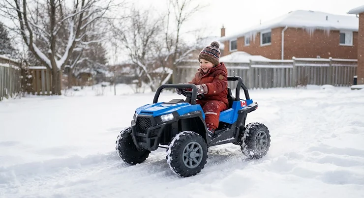 Child driving a kids electric off-road vehicle through a snowy backyard in Canada