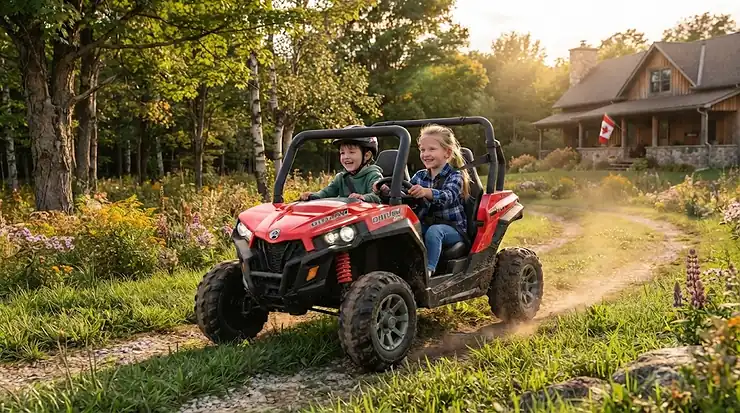 Two children smiling in a red kids electric side by side 24V UTV driving across a green lawn in a Canadian backyard, featuring a parental remote control.