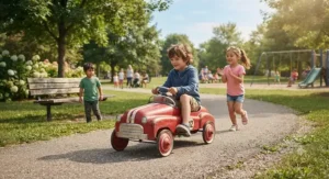 Children playing outdoors with a pedal race car for kids on a sunny afternoon at a local park.